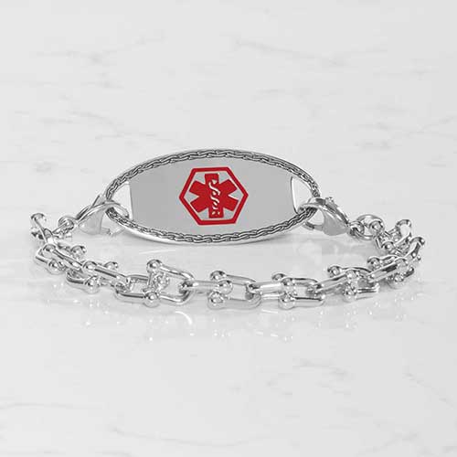 Silver-tone link medical ID bracelet featuring a polished ID tag with a red Star of Life symbol.
