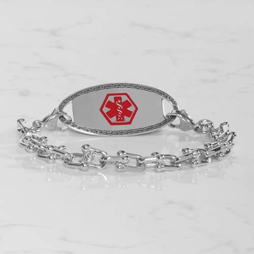 Silver-tone link medical ID bracelet featuring a polished ID tag with a red Star of Life symbol.