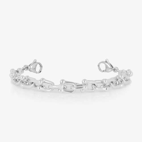 Silver-tone link bracelet with decorative barbell-style accents and lobster clasp closures.