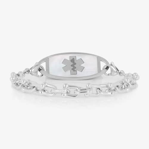 Silver-tone link medical ID bracelet featuring a white mother-of-pearl inlay tag with a silver Star of Life symbol.