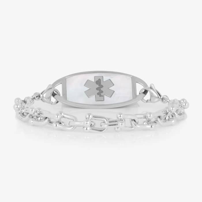 Silver-tone link medical ID bracelet featuring a white mother-of-pearl inlay tag with a silver Star of Life symbol.