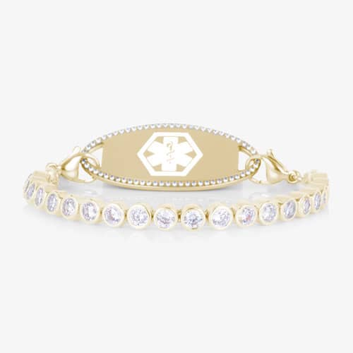 Medical alert bracelet featuring the Stella Gold bracelet paired with an elegant ID tag accented by a medical symbol.