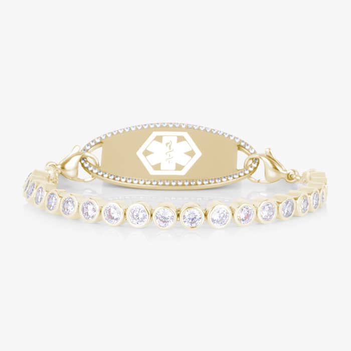 Medical alert bracelet featuring the Stella Gold bracelet paired with an elegant ID tag accented by a medical symbol.