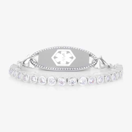 Medical alert bracelet featuring a polished ID tag with a medical symbol paired with the sparkling Stella Silver bracelet.