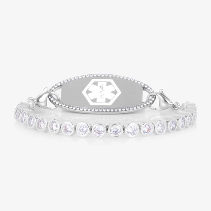 Medical alert bracelet featuring a polished ID tag with a medical symbol paired with the sparkling Stella Silver bracelet.