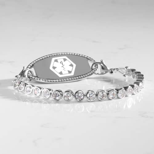 Stella Silver bracelet paired with a medical ID tag, combining elegant clear stones with essential medical identification.