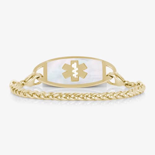 Gold-tone wheat chain medical ID bracelet featuring a white mother-of-pearl tag with Star of Life.