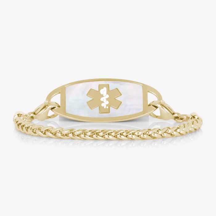 Gold-tone wheat chain medical ID bracelet featuring a white mother-of-pearl tag with Star of Life.