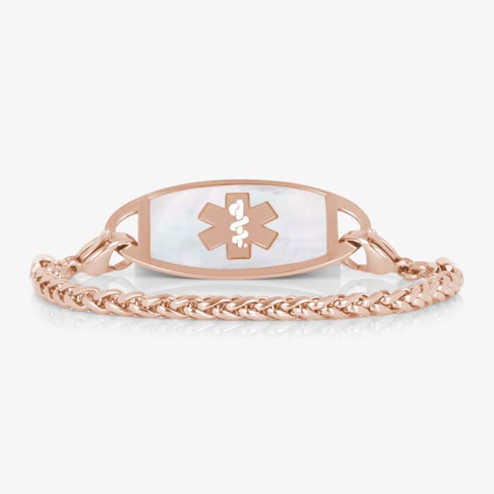 Rose gold wheat chain medical ID bracelet with a mother-of-pearl tag featuring the Star of Life.