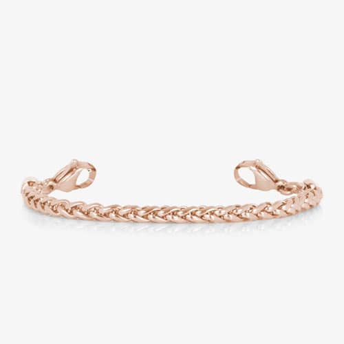 Rose gold wheat chain bracelet with lobster clasps on a white background.