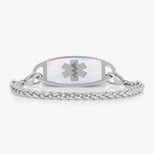 Silver-tone wheat chain medical ID bracelet featuring a white mother-of-pearl tag with Star of Life.