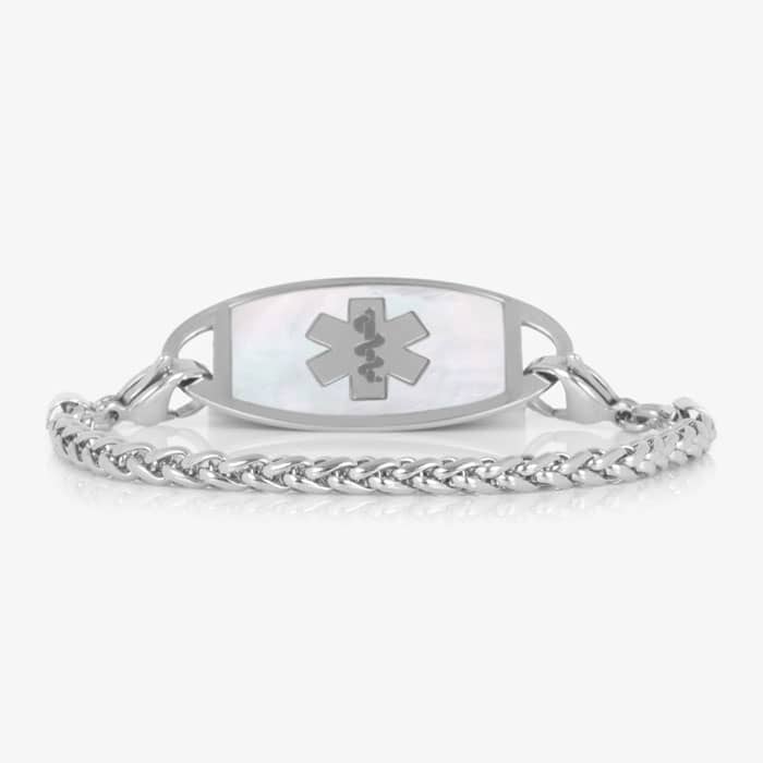Silver-tone wheat chain medical ID bracelet featuring a white mother-of-pearl tag with Star of Life.