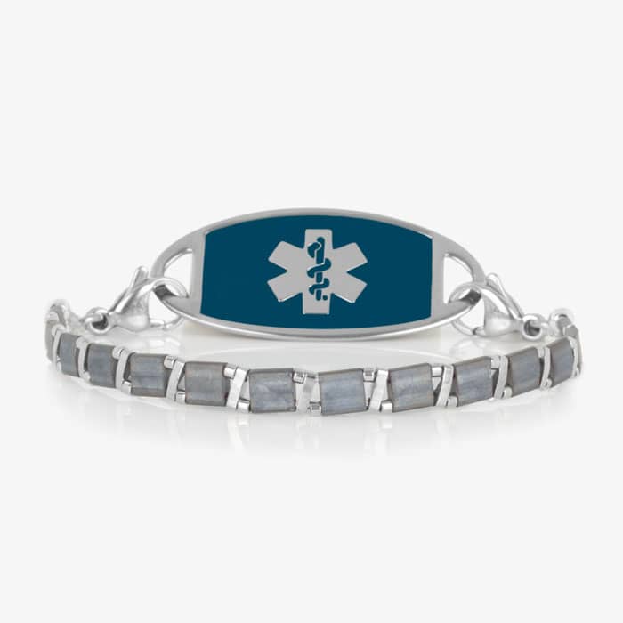 Slate blue tiled bracelet paired with a silver-tone medical ID tag featuring a teal Star of Life.