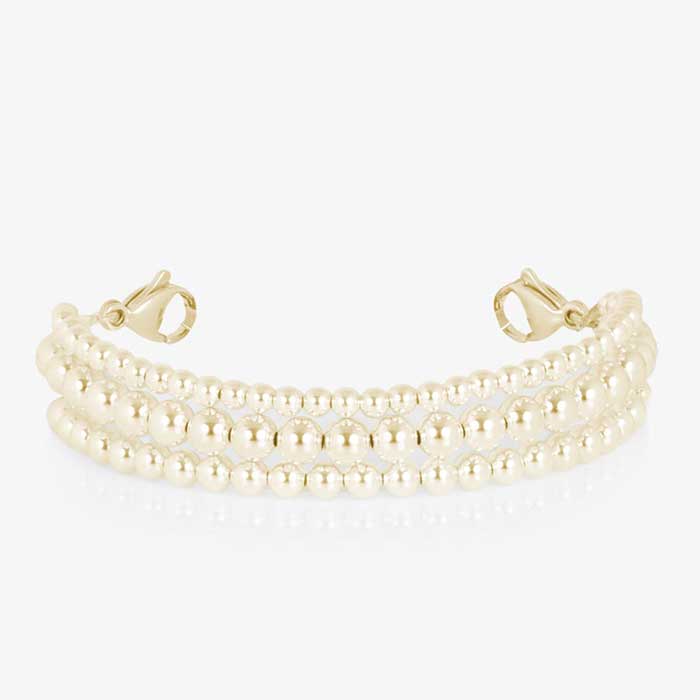 Gold Tilly medical ID bracelet with three polished beaded strands and a mother-of-pearl Star of Life tag.