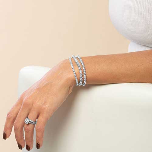 Silver Tilly three-strand beaded medical ID bracelet worn on the wrist.