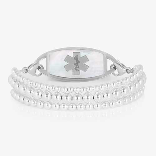 Silver Tilly medical ID bracelet with three beaded strands and a mother-of-pearl Star of Life tag.