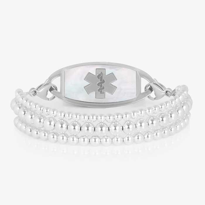 Silver Tilly medical ID bracelet with three beaded strands and a mother-of-pearl Star of Life tag.