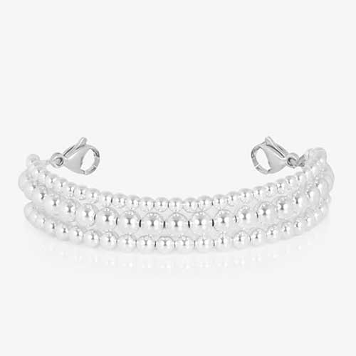 Close-up of the Tilly bracelet’s three strands of polished silver beads.