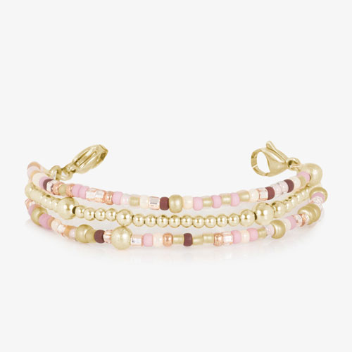 Three-strand bracelet featuring gold-tone beads with pink, cream, brown, and clear accent beads, shown without an ID tag.