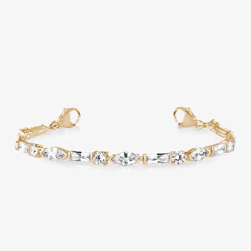 12 karat gold plated med ID tennis bracelet with round, oval, and rectangle clear cubic zirconia crystals and gold tone lobster clasps.