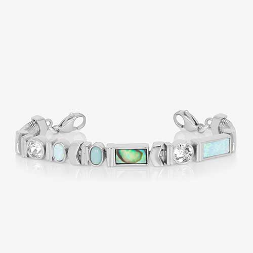 Rhodium and palladium plated herringbone medical ID bracelet with abalone, opal, crystal, and moon stone accents finished with stainless steel lobster clasps.