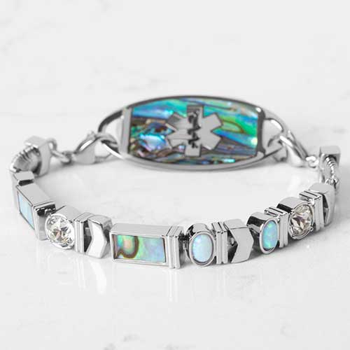 Rhodium and palladium plated herringbone medical ID bracelet with abalone, opal, crystal, and moon stone accents paired with abalone medical ID tag.