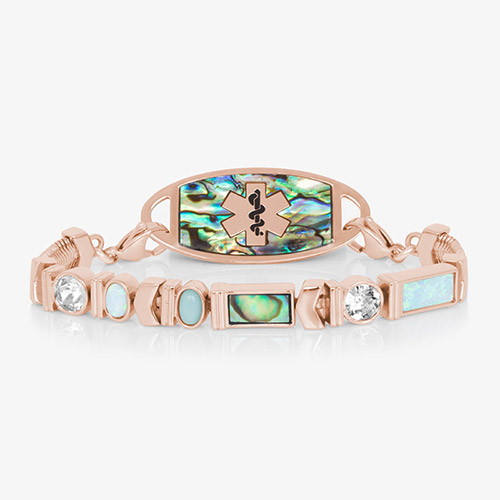 Rose Tone herringbone medical ID bracelet with abalone, opal, crystal, and moon stone accents paired with abalone medical ID tag.