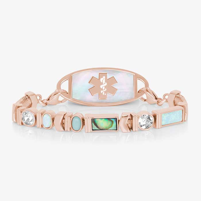 Rose Tone herringbone medical ID bracelet with abalone, opal, crystal, and moon stone accents paired with abalone medical ID tag.