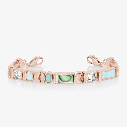 Rose Tone herringbone medical ID bracelet with abalone, opal, crystal, and moon stone accents finished with stainless steel lobster clasps.