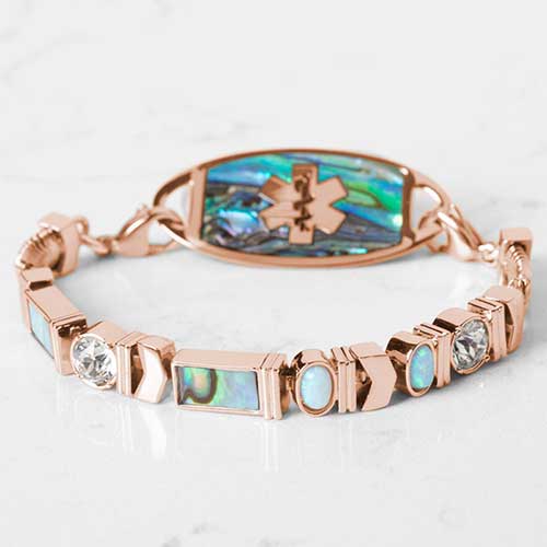 Rose Tone herringbone medical ID bracelet with abalone, opal, crystal, and moon stone accents paired with abalone medical ID tag.
