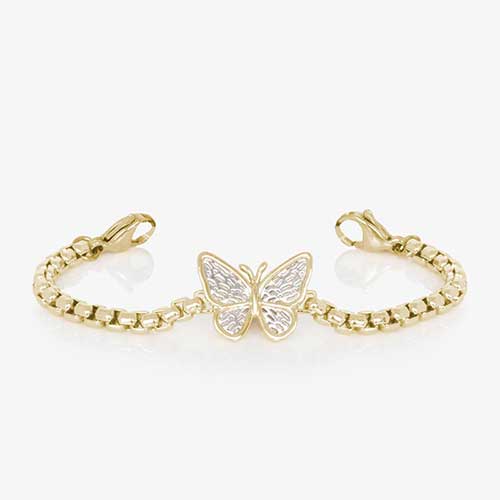 12k gold plated medical ID bracelet featuring a linked chain and gold plated butterfly centerpiece with decorative silver details