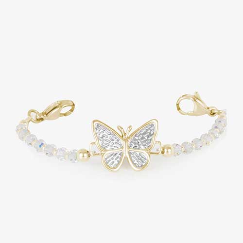 12k gold plated medical ID bracelet featuring iridescent beads surronding a gold plated butterfly centerpiece with decorative silver details.