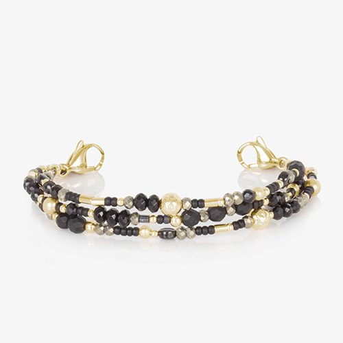 Triple-strand Cher Medical ID Bracelet in Black and Gold, with textured black beads and luxurious gold accents in a stylish, slip-on stretch design