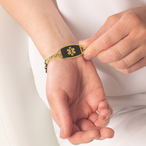 Cher Beaded Stretch Medical ID Bracelet with black spinel, black agate, and gold-filled beads, designed for easy, clasp-free wear
