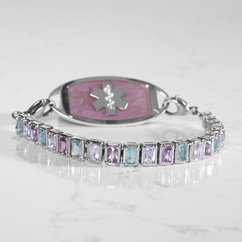 Monica Medical Alert Bracelet in silver-tone finish with pastel cubic zirconia crystals, perfect for pairing with interchangeable medical ID tags