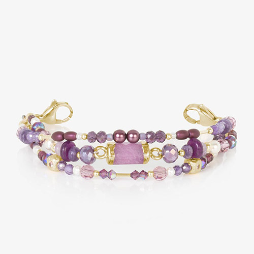 Interchangeable Violet Medical ID Bracelet in Amethyst and Gold, designed with three layers of beads and compatible with medical ID tags