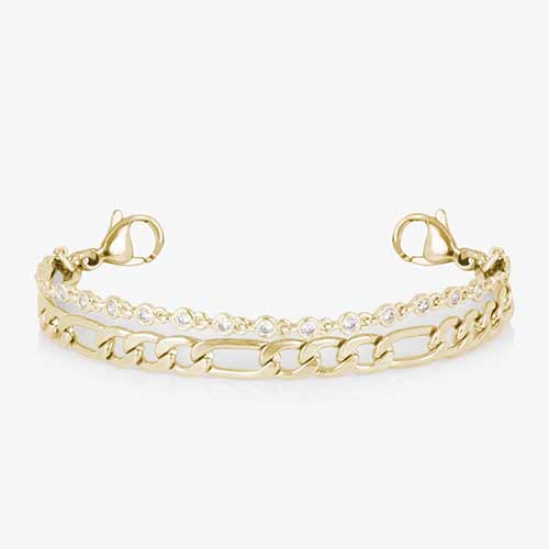 Gold toned two strand bracelet featuring a classic figaro chain, and a dainty, round CZ chain. All attached to a silver medical ID tag featuring inlaid Mother of Pearl and a gold caduceus.