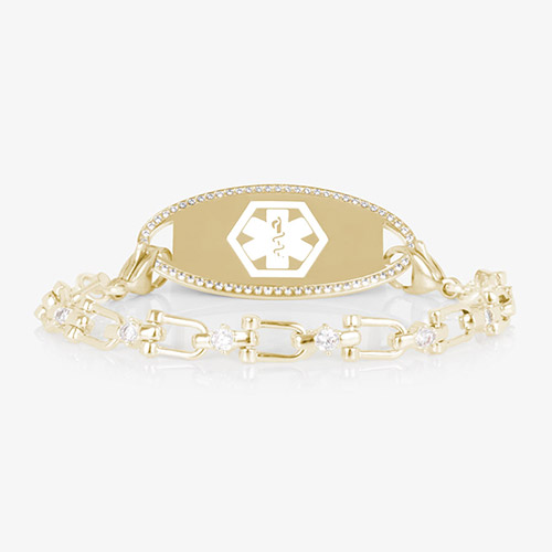 Women's medical alert bracelet with 14k gold-plated chain and clear CZ accents, paired with an engravable gold medical ID tag framed in CZs.