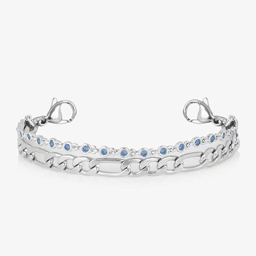 Stylish women's medical ID bracelet with dual silver chains and delicate round blue crystals, designed for elegant everyday safety.