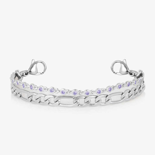 Double-chain silver medical alert bracelet for women featuring bezel-set light purple crystals, shown without ID tag for mix-and-match styling.