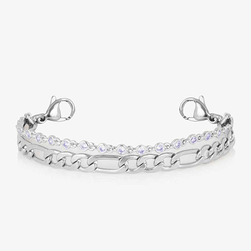 Double-chain silver medical alert bracelet for women featuring bezel-set light purple crystals, shown without ID tag for mix-and-match styling.