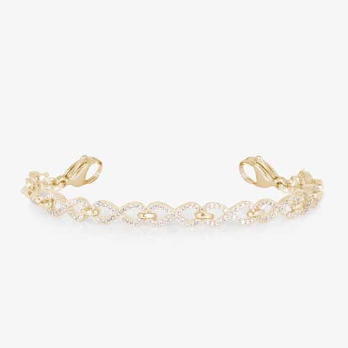 Lauren’s Hope gold chain medical ID bracelet with sparkling CZ infinity links and dual lobster clasps, designed for interchangeable engraved tags.