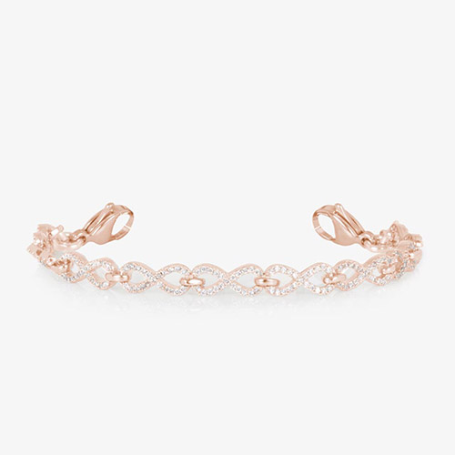 Rose gold infinity-style bracelet shown without a tag, featuring alternating polished and crystal-studded links in an elegant, interwoven design.