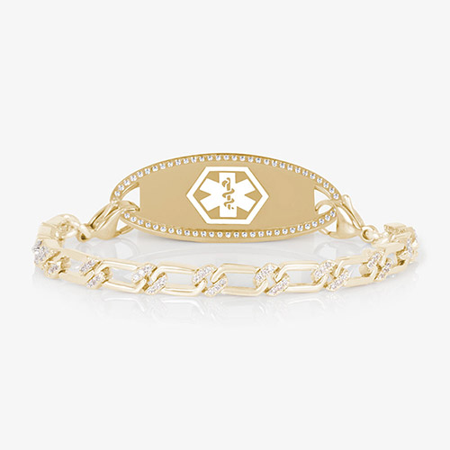Elegant gold medical ID bracelet with CZ-accented chain and gold ID tag featuring crystal border and white medical caduceus symbol.