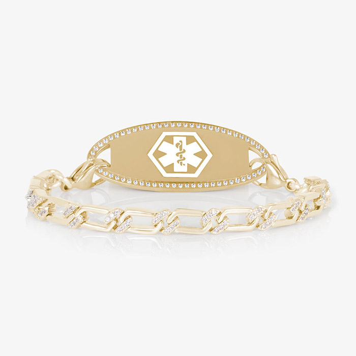 Elegant gold medical ID bracelet with CZ-accented chain and gold ID tag featuring crystal border and white medical caduceus symbol.