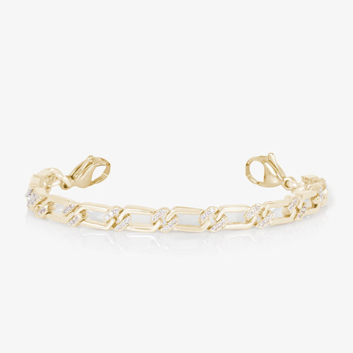 Close-up of gold bracelet chain with alternating cubic zirconia-studded links, shown without medical ID tag.