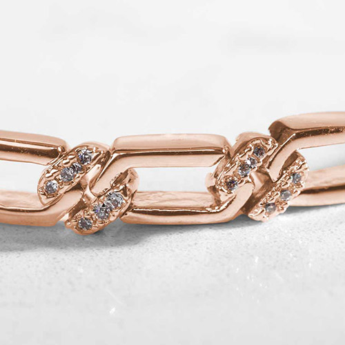 Close-up of Harper Rose medical ID bracelet showing rose gold rectangular links with inset cubic zirconia for a sparkling, elegant finish.