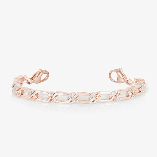 Rose gold bracelet strap with rectangular links and sparkling CZ accents, shown without ID tag on a clean white background.