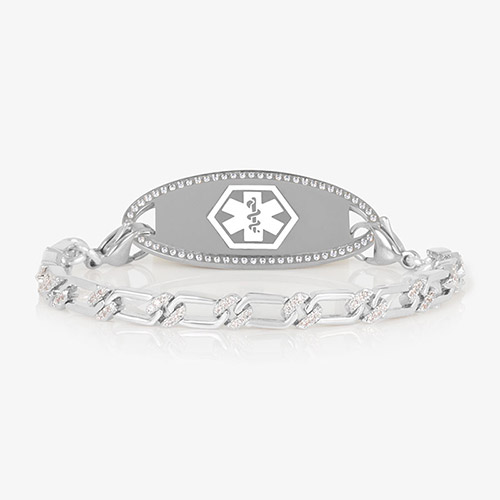 Front view of silver Harper medical ID bracelet with CZ links and a pavé-bordered ID tag featuring the medical caduceus symbol.