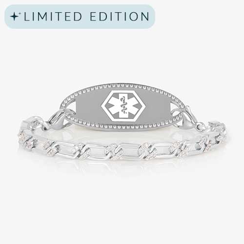 Front view of silver Harper medical ID bracelet with CZ links and a pav&#233;-bordered ID tag featuring the medical caduceus symbol.